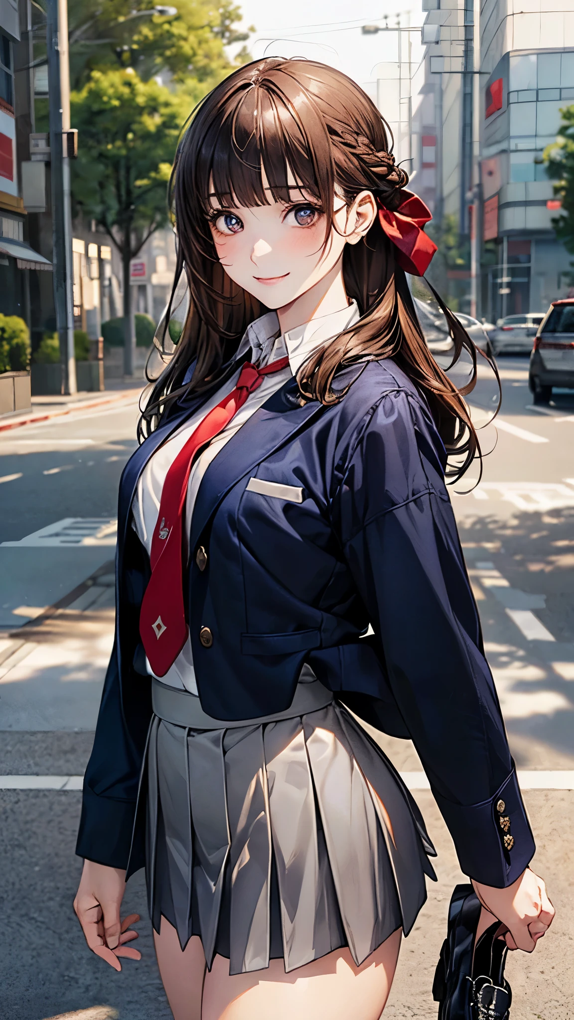 (masterpiece:1.2, top-quality), (realistic, photorealistic:1.4), beautiful illustration, (natural side lighting, movie lighting), nsfw,
looking at viewer, cowboy shot, front view:0.6, 1 girl, japanese, high school girl, perfect face, cute and symmetrical face, shiny skin,
(long hair:1.6, half updo:1.5, brown hair), blunt bangs, gold eyes, long eye lasher, (large breasts:0.8, thick thighs),
beautiful hair, beautiful face, beautiful detailed eyes, beautiful clavicle, beautiful body, beautiful chest, beautiful thigh, beautiful legs, beautiful fingers,
(((navy jacket), white collared shirts, grey pleated mini skirt, black socks, black loafers, red tie)),
(beautiful scenery), evening, riverside, standing, (graceful, lovely smile, upper eyes),