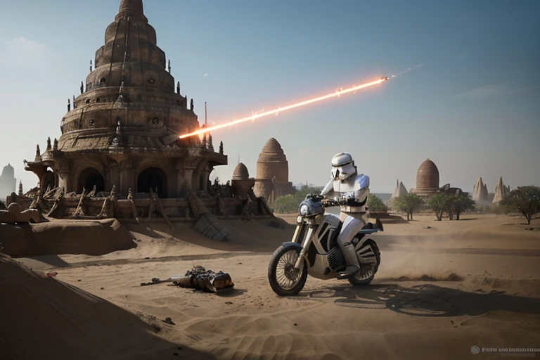 Stormtrooper, agonizante , Armadura sangrienta, en el campo de batalla, de rodillas, epopeya, 8k, robot bettween bagan pagoda in the background