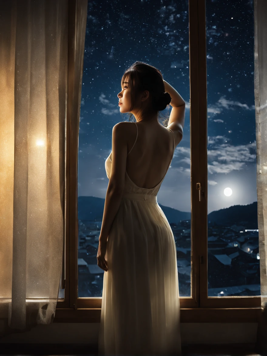 ((Leaning against the window)) Pensive girl((Back view))、Night sky seen from the window、The moonlight illuminates everything。