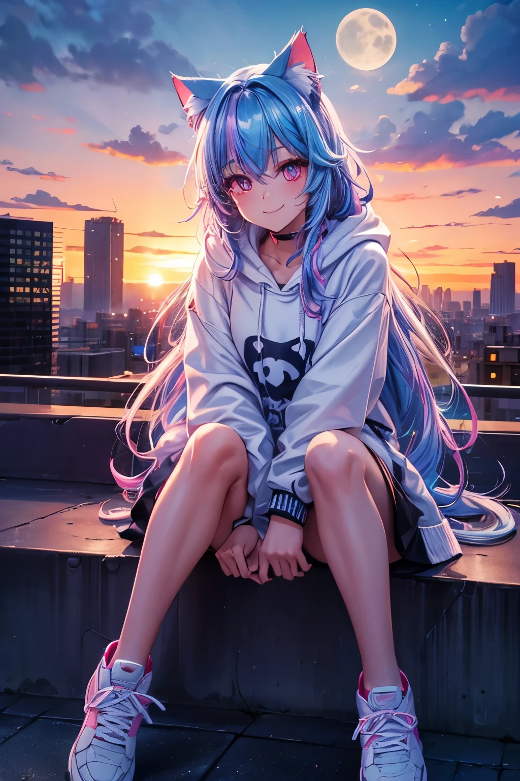 Top quality, high resolution, perfect human structure, iridescent hair, glowing hair, cat ears, fun, sitting on roof, city, sunset, moon, neon, neon colors, near future, from below , heart shaped pupils, wavy hair, Sanjoy
 hair, smiling, hoodie, sneakers, beautiful,