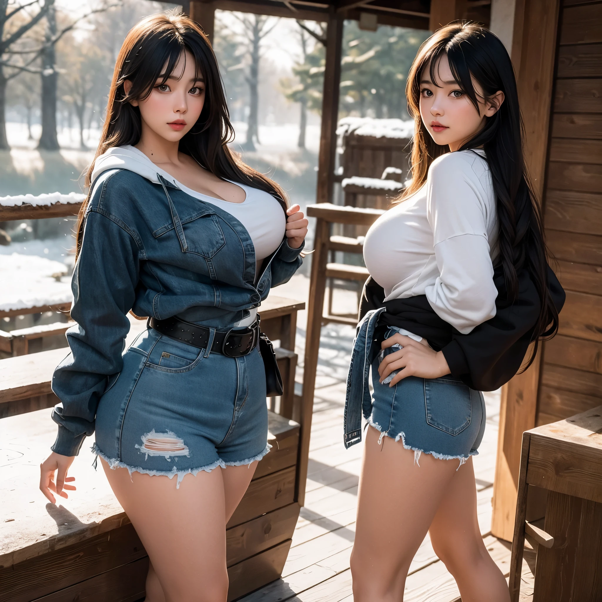 beautiful woman with , long hair, Bangs, French braid, The widest waist, well fitting breasts, Curvy booty, Bright Eyes, long eyelashes, Thick thighs, strong calf, A shy look, Tanya Yuyusregar, She was wearing a black hoodie, Ripped denim super short ripped shorts, belt, Hunched over the porch of a mountain cabin, Winter evening, Snowy Land, lifelike, masterpiece,Sun bokeh, Volumetric lighting, Winter seasonal atmosphere, Full body close-up from the front