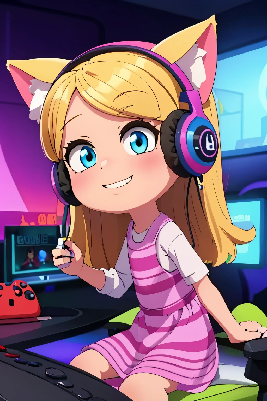 1girl, beautiful eye, smile, gaming girl, cheerful expression, long blonde hair, twinkling blue eyes, pink dress, cute cat ear headphones in pastel colors, cross-legged pose, playing a handheld game console, a soft and fluffy room background, plush toys scattered around, pastel-colored pillows, warm glow from a nearby desk lamp, fuzzy carpet under her, game console screen glowing with vibrant colors, long tube socks, pink fluffy slipper, soft shadows adding depth to her surroundings, light from the game console illuminating her face, focus and enjoyment evident in her eyes, fingers deftly moving over the game controls, soft blush on her cheeks, strands of hair falling over her face, a happy grin lighting up her face, headphones adorned with cute cat-themed details, ear tufts and pink accents, her posture relaxed and comfortable, colorful game posters adorning the walls, game-themed trinkets and figurines on shelves in the background, a comfortable gaming chair behind her, hint of a giggle escaping from her lips, relaxed and cozy atmosphere, gentle, playful and carefree, pillows and plush toys mirroring her love for games, fluffy and soft textures contrasting with the sharp glow of the game screen, overall scene full of cuteness and fun,