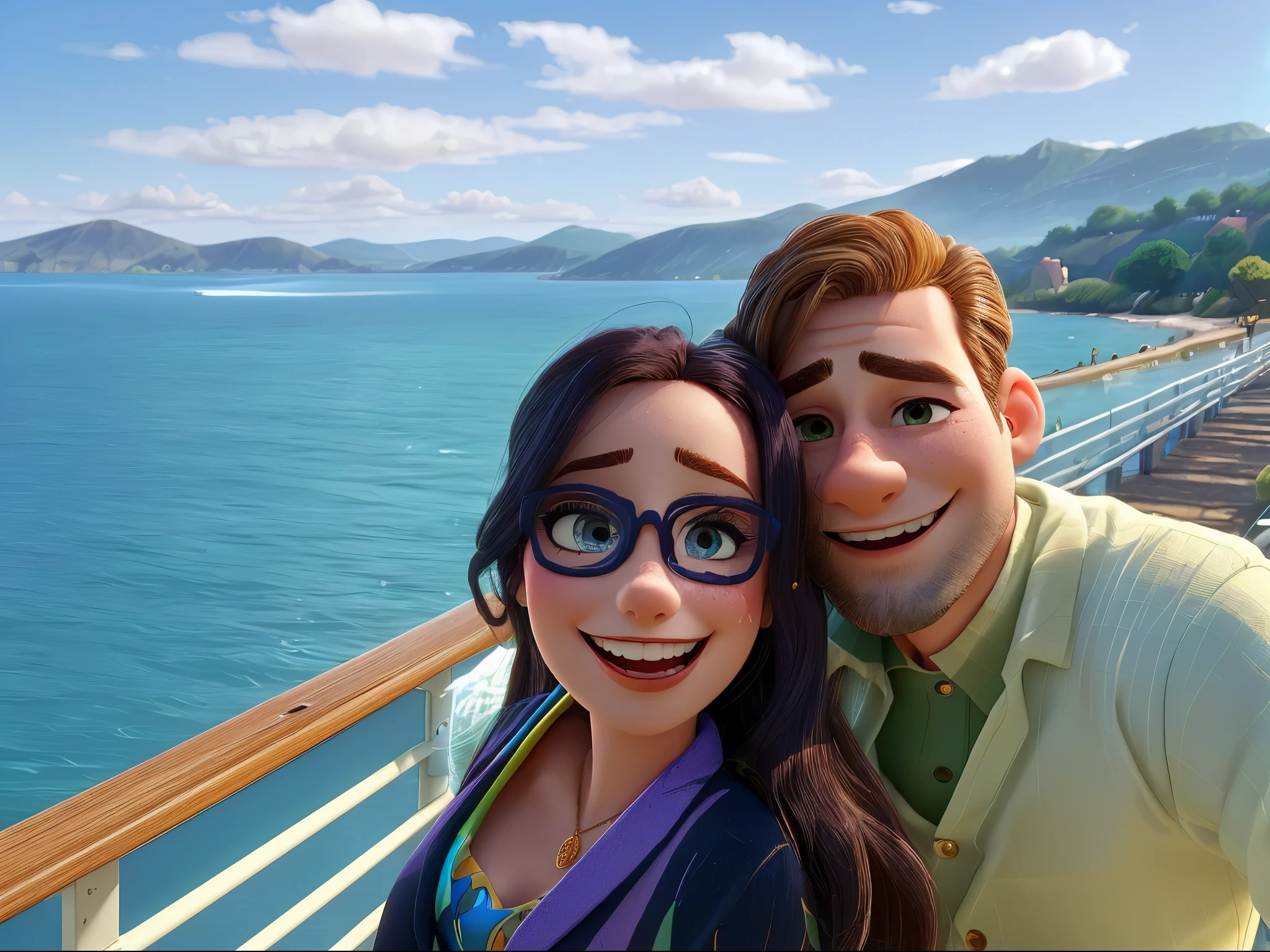(a woman with) vibrant blue eyes, (a man with) expressive brown eyes, (a woman with) flawless makeup, (a man with) a charming smile, (a woman with) long flowing hair, (a man with) a stylish haircut, (a woman wearing) a beautiful dress, (a man wearing) a tailored suit, (a woman with) delicate jewelry, (a man with) a stylish watch, (a woman and a man) holding hands, (a woman and a man) laughing together, (a woman and a man) surrounded by colorful flowers, (a woman and a man) in a whimsical Disney Pixar cartoon style, (best quality, highres) with (vivid colors:1.1), (ultra-detailed) characters, (a) magical (landscape) in the background, (soft) ambient lighting, (bokeh) effects.