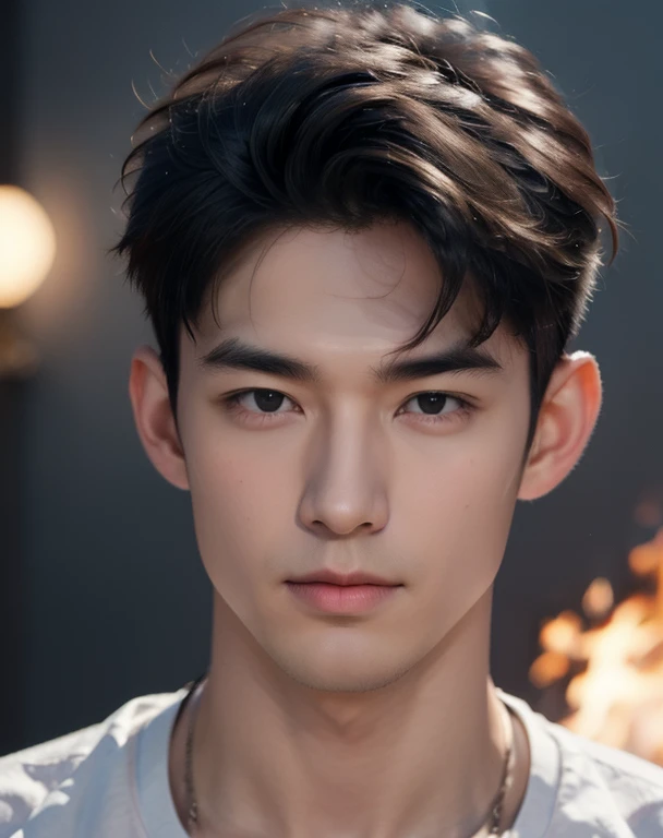 High quality, masterpiece, highly detailed, 8k, perfect face, perfect body, realistic, photogenic, man, male, Asian, young, black hair, comma hair cut style, handsome, detailed eyes, beautiful detailed nose, realistic body, realistic light, comfortable expressions, cute guy, sweat guy, cool guy, full body, mascular, fire element, firebender, shirtless