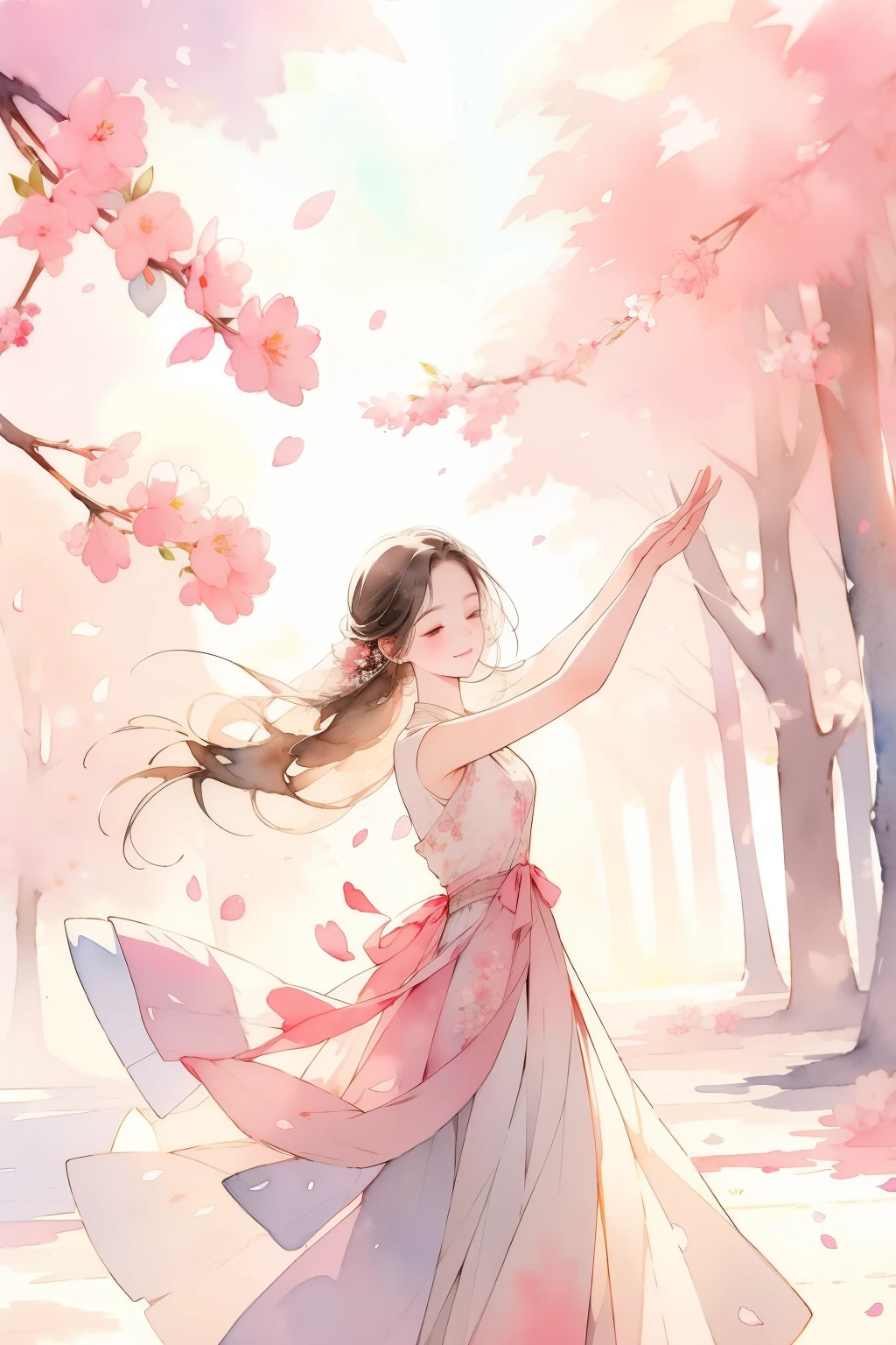 best quality, vibrant colors, beautiful detailed eyes, delicate petals, soft and ethereal atmosphere, medium:watercolor painting, pink and white color scheme, soft sunlight filtering through the trees, slight breeze causing the petals to dance, serene expression, peaceful and calm atmosphere