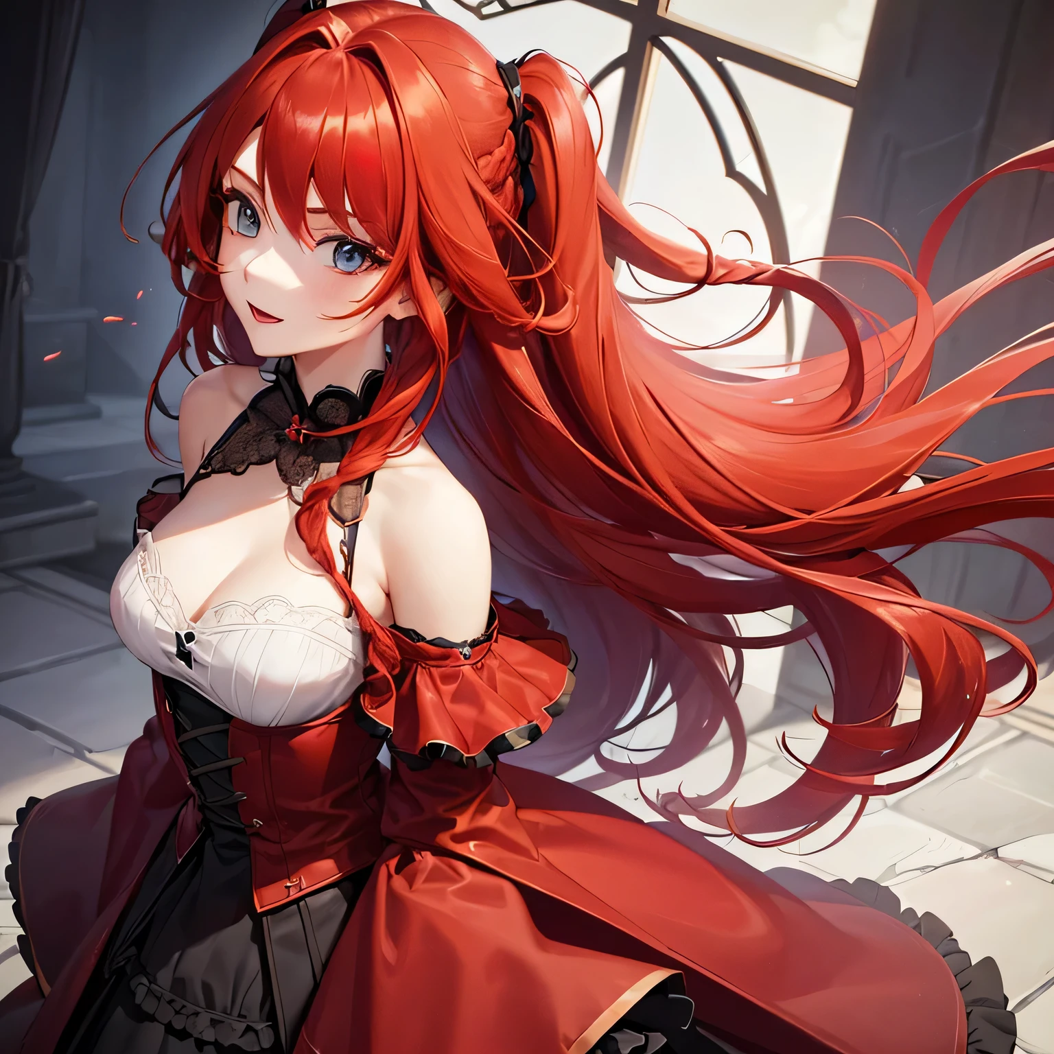 1 girl,Depp's Sense,confused,catch light,Super beautiful illustration,(redhead,long hairstyles:1.6),turn around,eye shadow,(Red clothes,Gothic Lolita),Upper body,;d,beautiful and delicate flowing hair,delicate and detailed blue eyes,emphasized chest