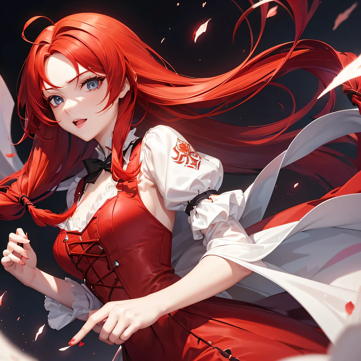 A beautiful female knight with red hair and semi-long hair is fighting a long-necked demon by a magical spring. She is fluttering her mini-skirt and trying to swing her sword. She is adorably cute and has outstanding style. She has beautiful breasts, a slender waist, and is full of charm. Glassy shards of magical light dance around her.