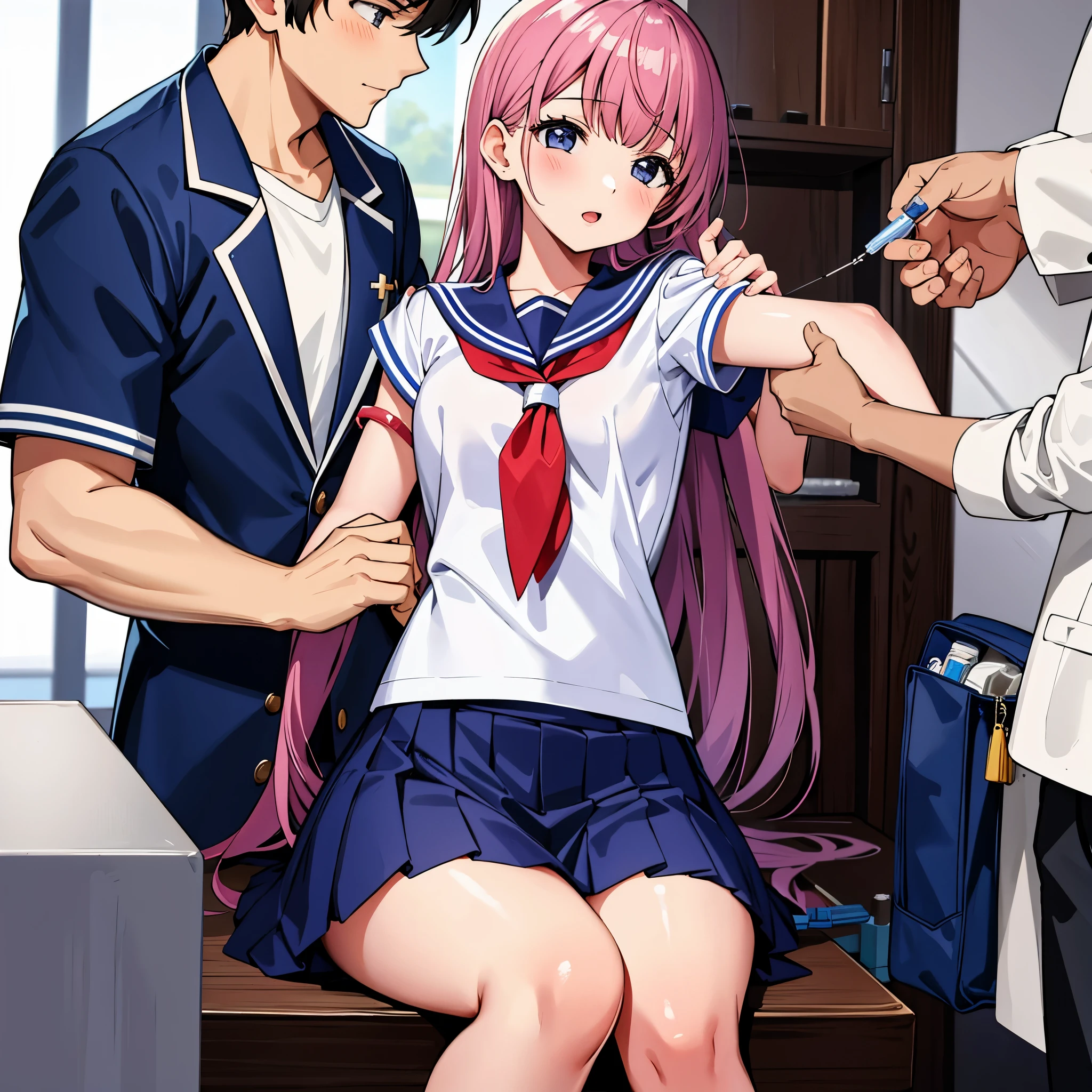 High school girl in a sailor suit receiving vaccination、a man holds a syringe