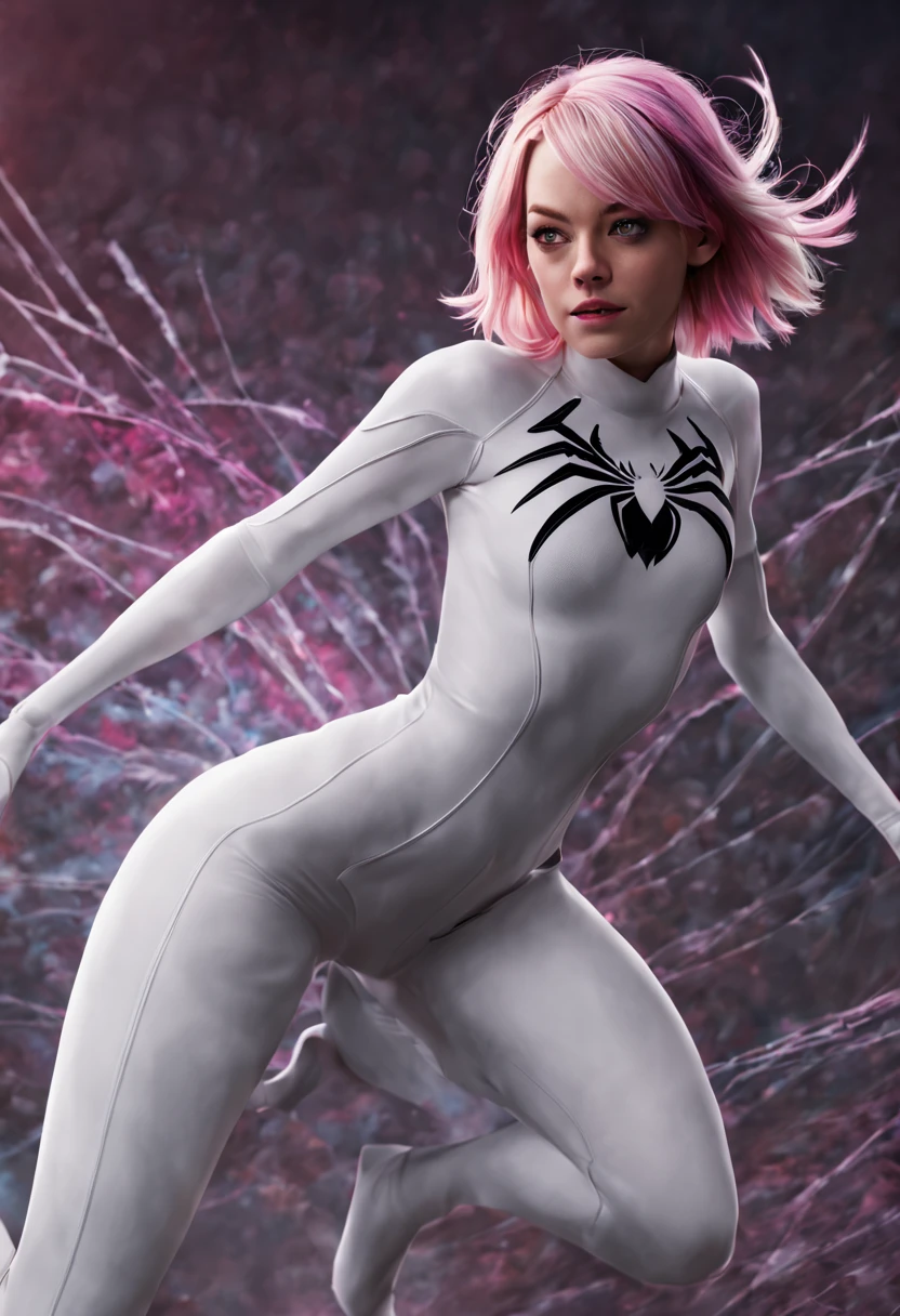 Emma Stone cosplaying as Spider Gwen, Spider Girl white costume, medium breasts, Sculptural body, whole body, Emma Stone, Real face details, perfection, (surreal), {Highly detailed 8k CG unit wallpaper}, Photographing the expansive landscape, (View from below that prioritizes the entire character and setting details, (Wide view of open field), (low angle photo), (highlight: 1.5), (weak light: 1.2), (warm light source: 1.5), intricate details, (rainbow colors: 1.2), (bright lighting), (atmosphere lighting), Emma Stone actress, spider gwen