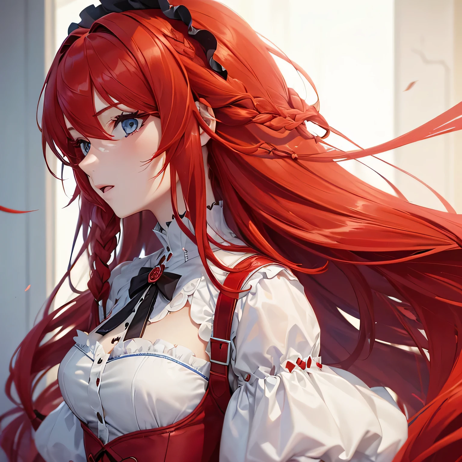 1 girl,Depp's Sense,confused,catch light,Super beautiful illustration,(redhead,long hairstyles:1.6),turn around,eye shadow,(Red clothes,Gothic ta),Upper body,;d,beautiful and delicate flowing hair,delicate and detailed blue eyes,emphasized chest,big breasts
