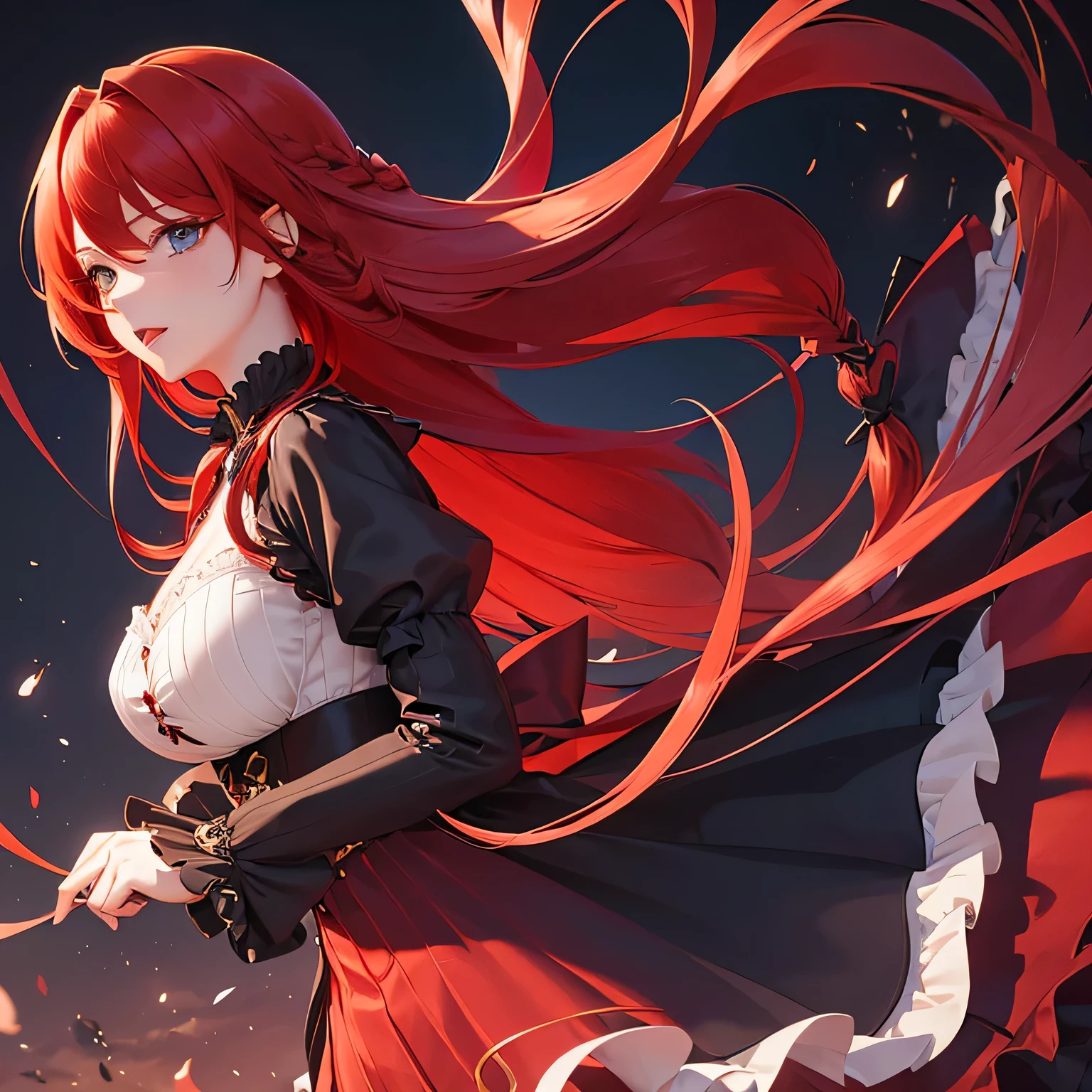 1 girl,Depp's Sense,confused,catch light,Super beautiful illustration,(redhead,long hairstyles:1.6),turn around,eye shadow,(Red clothes,Gothic Lolita),Upper body,;d,beautiful and delicate flowing hair,delicate and detailed blue eyes,emphasized chest,big breasts