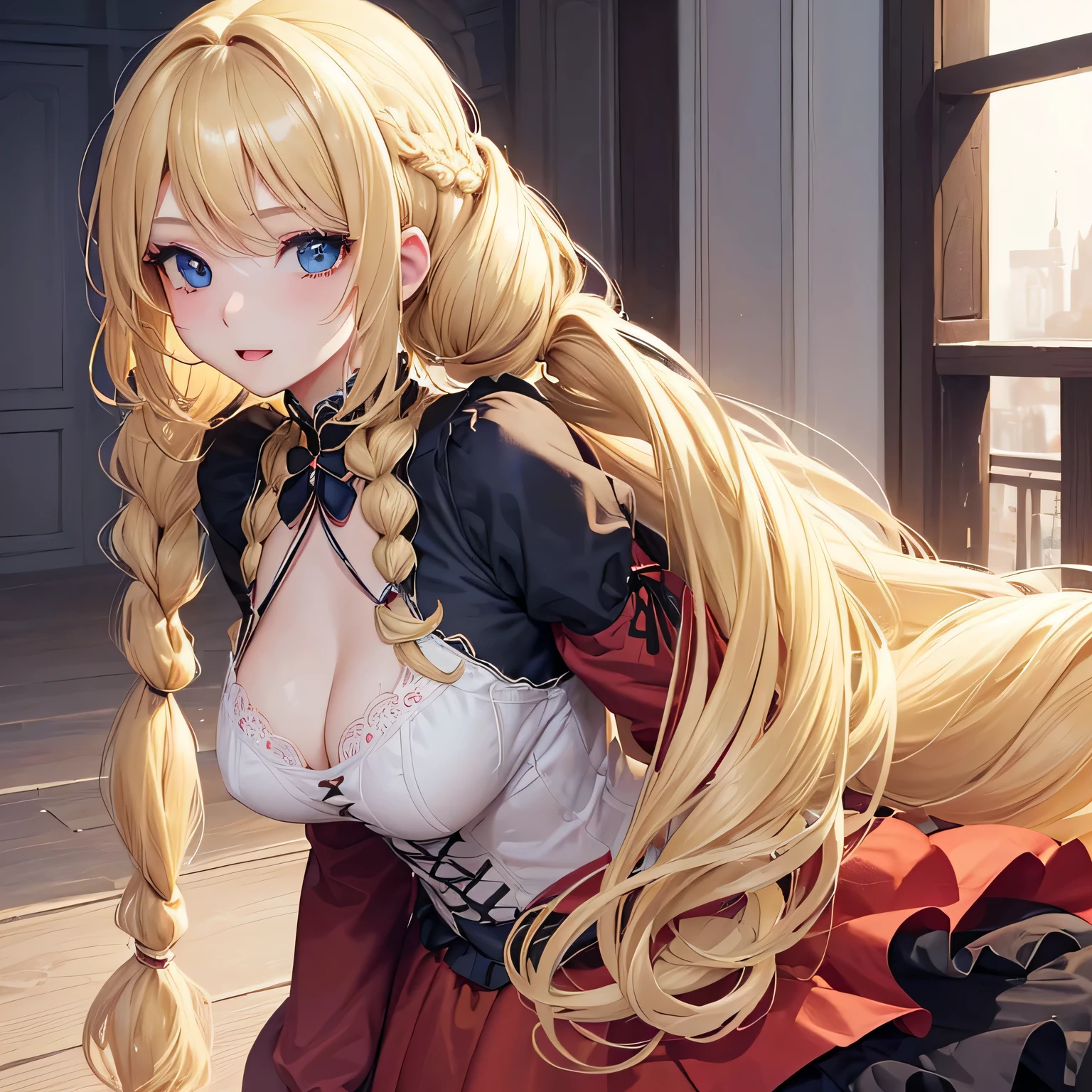 1 girl,Depp's Sense,confused,catch light,Super beautiful illustration,(blonde,long hairstyles:1.6),turn around,eye shadow,(Red clothes,Gothic Lolita),Upper body,;d,beautiful and delicate flowing hair,delicate and detailed blue eyes,emphasized chest,big breasts