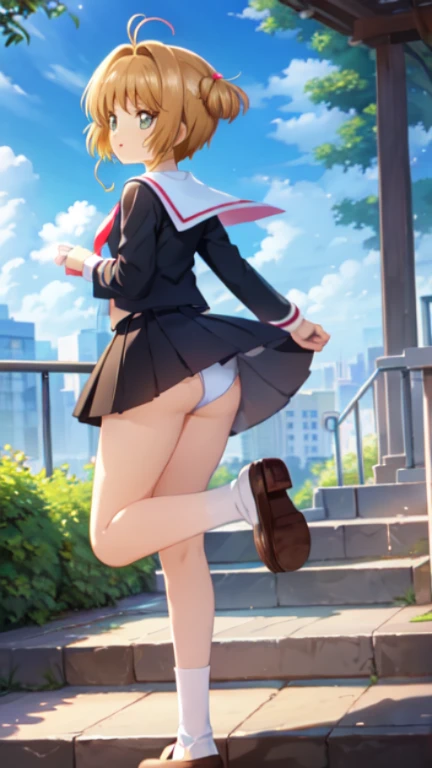 highest quality、8K、one girl，full body figure、child、primary school student、low length、10 talents、very big boobs，big boobs，perfect 5-fingered hands、Sakura Kinomoto、school uniform、mini skirt、I can see white panties、whitepanty、shy face、perfect thing、big breasts、two perfect arms、two perfect legs、detailed description、small details、detailed face、white skin、going up stairs、turn around、look back、Pose that emphasizes the buttocks、back view、Voluptuous legs、lift skirt、Skirt flip、erotic pose、kinomoto sakura、