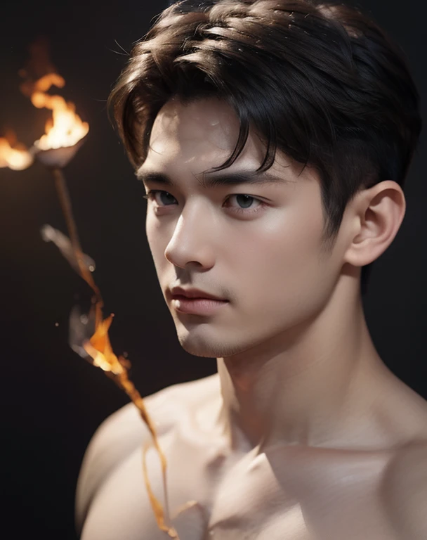 High quality, masterpiece, highly detailed, 8k, perfect face, perfect body, realistic, photogenic, man, male, Asian, young, black hair, comma hair cut style, handsome, detailed eyes, beautiful detailed nose, realistic body, realistic light, comfortable expressions, cute guy, sweat guy, cool guy, full body, mascular, fire element, firebender, shirtless