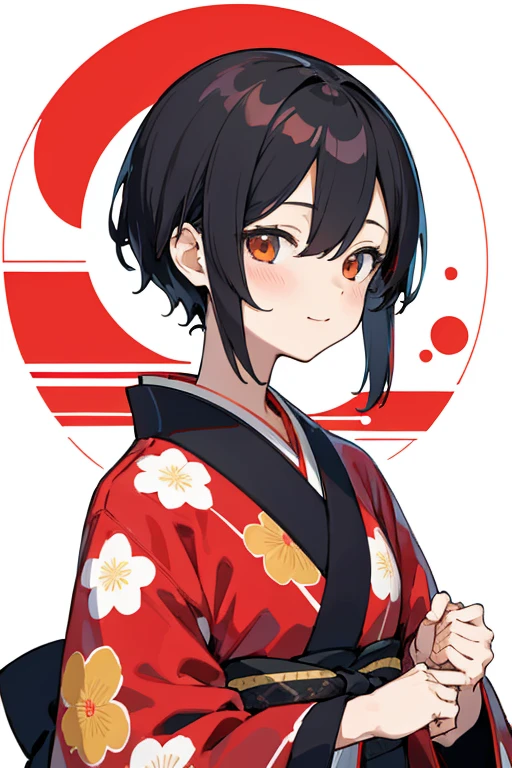 (finely best quality illustration:1.2), (kawaii girl:1.0), (1girl, solo:1.0), (black short hair:1.0), (red kimono, tsubaki pattern:1.0), (smile:0.6), (upper body:1.0), (ultra-detailed, highres:1.0),