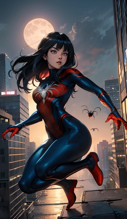(Masterpiece, 4k resolution, ultra-realistic, very detailed), ( superhero theme, charismatic, there's a girl on top of town, hinata from naruto anime,wearing Spider-Man costume, she's a superhero), [ ((25 years), (long black hair:1.2), full body, (blue eyes:1.2), ((Spider-Man pose),show of strength, jumping from one building to another), ((sandy urban environment):0.8)| (cityscape, at night, dynamic lights), (full moon))] # Explanation: The Prompt mainly describes a 4K painting of ultra-high definition, very realistic, very detailed. It shows a superheroine at the top of the city, wearing a Spider-Man costume. The theme in the painting is a  superhero theme, the female protagonist has long black hair, is 25 years old and her entire body is shown in the painting. In terms of portraying the actions of superheroines, spiders are employed