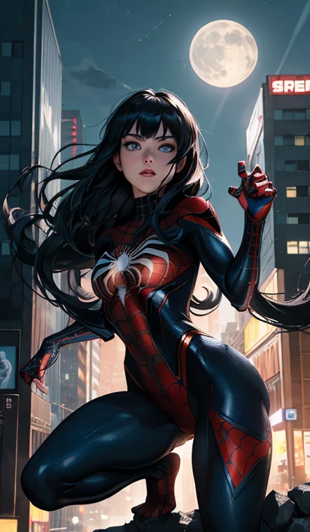 (Masterpiece, 4k resolution, ultra-realistic, very detailed), ( superhero theme, charismatic, there's a girl on top of town, hinata from naruto anime,wearing Spider-Man costume, she's a superhero), [ ((25 years), (long black hair:1.2), full body, (blue eyes:1.2), ((Spider-Man pose),show of strength, jumping from one building to another), ((sandy urban environment):0.8)| (cityscape, at night, dynamic lights), (full moon))] # Explanation: The Prompt mainly describes a 4K painting of ultra-high definition, very realistic, very detailed. It shows a superheroine at the top of the city, wearing a Spider-Man costume. The theme in the painting is a  superhero theme, the female protagonist has long black hair, is 25 years old and her entire body is shown in the painting. In terms of portraying the actions of superheroines, spiders are employed