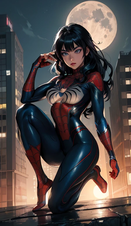 (Masterpiece, 4k resolution, ultra-realistic, very detailed), ( superhero theme, charismatic, there's a girl on top of town, hinata from naruto anime,wearing Spider-Man costume, she's a superhero), [ ((25 years), (long black hair:1.2), full body, (blue eyes:1.2), ((Spider-Man pose),show of strength, jumping from one building to another), ((sandy urban environment):0.8)| (cityscape, at night, dynamic lights), (full moon))] # Explanation: The Prompt mainly describes a 4K painting of ultra-high definition, very realistic, very detailed. It shows a superheroine at the top of the city, wearing a Spider-Man costume. The theme in the painting is a  superhero theme, the female protagonist has long black hair, is 25 years old and her entire body is shown in the painting. In terms of portraying the actions of superheroines, spiders are employed