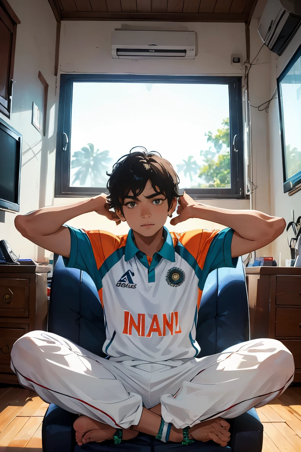 (masterpiece), maxЧислость: 1.0), teenage boy, (excitement: 1.1), (room: 1.1), Indiam cricket team match, (tv screen: 1.1), wearing India cricket team jersey, Ramu (45), named on jersey
(masterpiece), maxЧислость: 1.0), teenage boy, (eager eyes: 1.1), (comfortable chair: 1.1), Indiam cricket team match, (TV screen: 1.1), jersey bearing India colors, Ramu's name (45), proudly displayed
(masterpiece), max