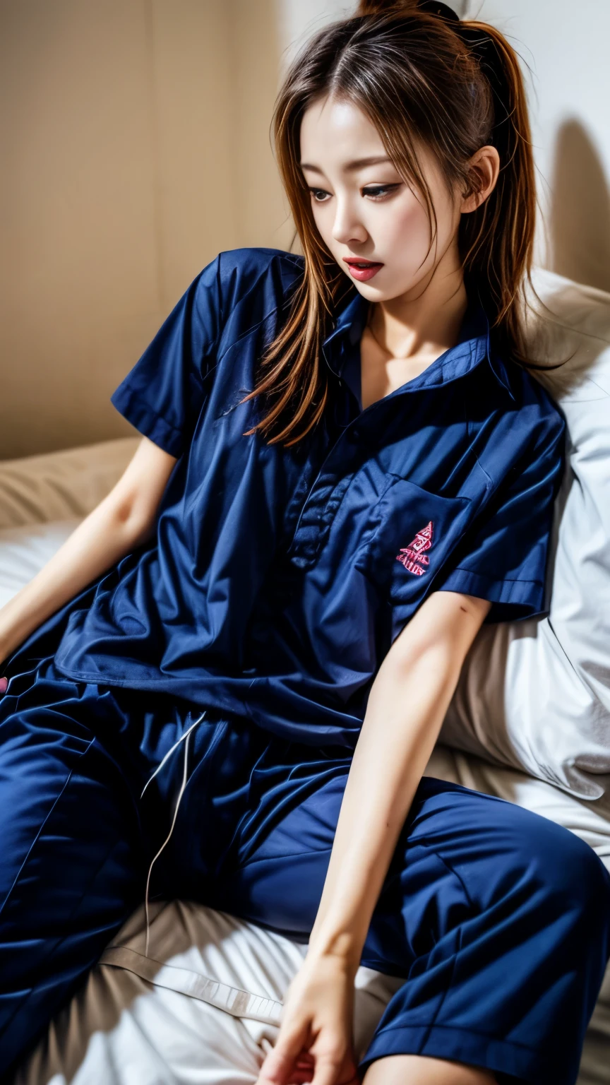 2 girls in the piano room, Navy blue short-sleeved shirt,Navy Long Trackpant,Sweatpants, Sweatpantsขายาว, lying on the bed., หญิงรักhave sex, coax, Sexual arousal, Realistic poses, exercise clothes, exercise clothes, have sex