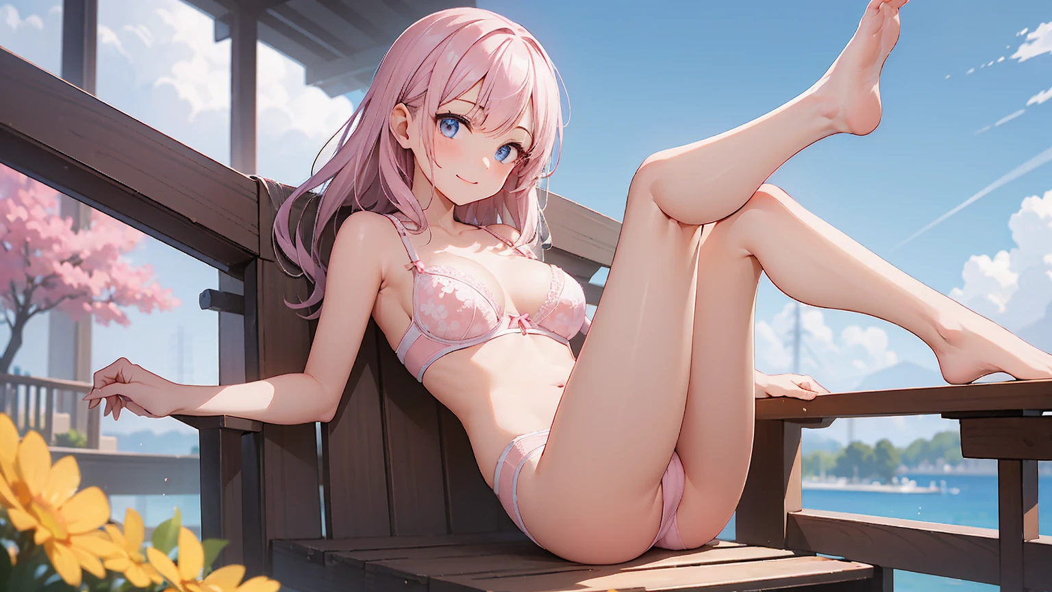 muste piece、highest quality、High resolution、nffsw、perfect pixel、1 girl、cute、beautiful eyelashes, realistic eyes、smile、((white and pink floral bra))、((white and pink floral panties))、Wearing only underwear、Smooth texture:0.75、blue sky outdoors、I can see your panties、Bra visible、Bright all over