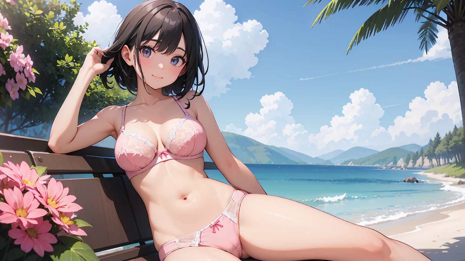 muste piece、highest quality、High resolution、nffsw、perfect pixel、1 girl、cute、beautiful eyelashes, realistic eyes、smile、((white and pink floral bra))、((white and pink floral panties))、Wearing only underwear、Smooth texture:0.75、blue sky outdoors、I can see your panties、Bra visible、Bright all over