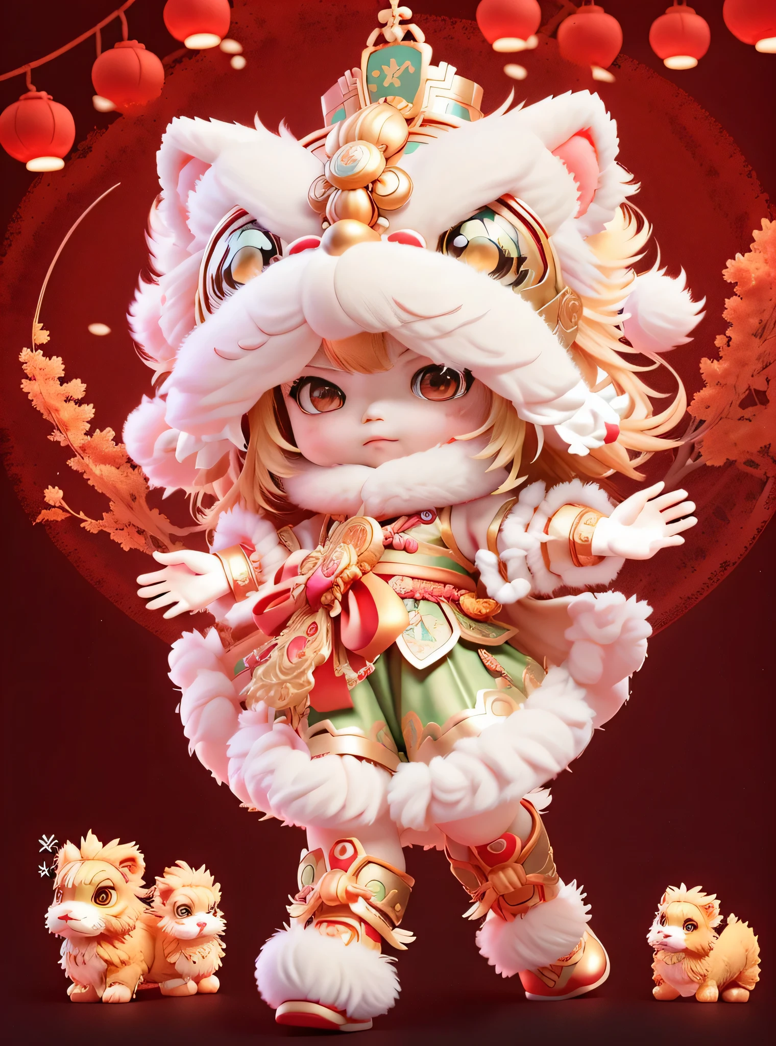 a 3D render。Alphard image of a child in a lion's head costume,Cute little girl s,adorable expression。 Open your hands,Sugar gourd in hand,There are cannon bamboos on the ground,Hanging lanterns。lovely digital painting, Cute detailed digital art, Rossdraws digital painting, trending on cgstation, inspired by Park Hua, adorable digital art, Guviz-style artwork, Onmyoji detailed art, drak, inspired by Wu Bin, rossdraws cartoon vibrant