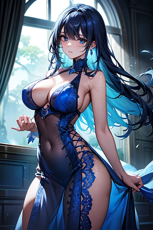 (highest quality, 8K, 32K, masterpiece, UHD: 1.3), 1 female, (Oversized: 1.3), perfect figure,, (attractive), (Sheer skin)) 、((((Transparent see-through dress))))、see-through dresses、lace sheer dress、Transparent dress、Sheer skin、Transparent dressを着た美しい裸の女性、solo、best style、big breasts、The most beautiful in the world、unparalleled beauty、long hair、 ((blue bathhouse)),、Blue lighting. concept art stunning atmosphere, blue atmosphere, beautiful concept art, Dark Majestic gorgeous public bath, Inside the blue palace、(blue water辺、blue water)、blue reflection、Cyan color、get wet in blue water、Blue light、Blue World、Expressive、sexy pose
