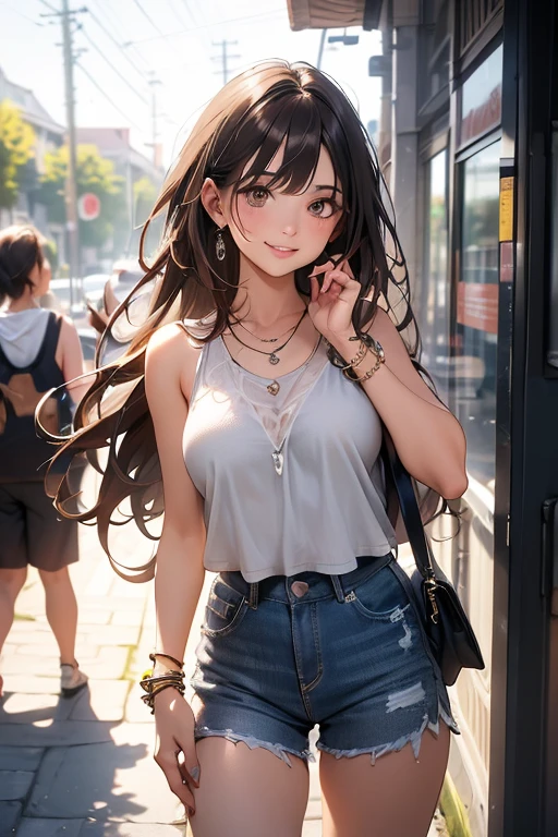 (masterpiece, best quality, ultra-detailed, highres, 4k),(beautiful detailed eyes),(very detailed face),(1girl),HDR,long hair, shorts, phone, brown eyes, brown hair, cellphone, bracelet, tank top, jewelry, watch, lips, solo focus, nail polish, blurry background, smile, wristwatch, realistic, blurry, looking at viewer