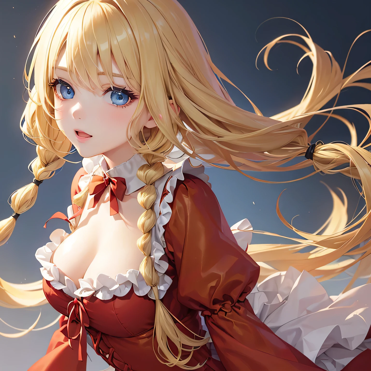 1 girl,Depp's Sense,confused,catch light,Super beautiful illustration,(blonde,long hairstyles:1.6),turn around,eye shadow,(Red clothes,ta fashion),Upper body,;d,beautiful and delicate flowing hair,delicate and detailed blue eyes,emphasized chest,big breasts