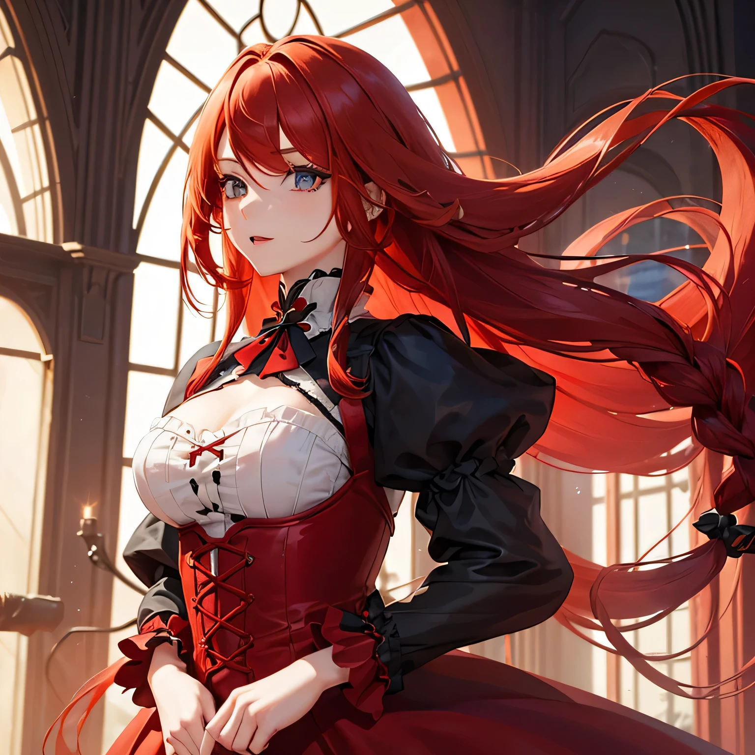 1 girl,Depp's Sense,confused,catch light,Super beautiful illustration,(redhead,long hairstyles:1.6),turn around,eye shadow,(Red clothes,Gothic Lolita),Upper body,;d,beautiful and delicate flowing hair,delicate and detailed blue eyes,emphasized chest,big breasts