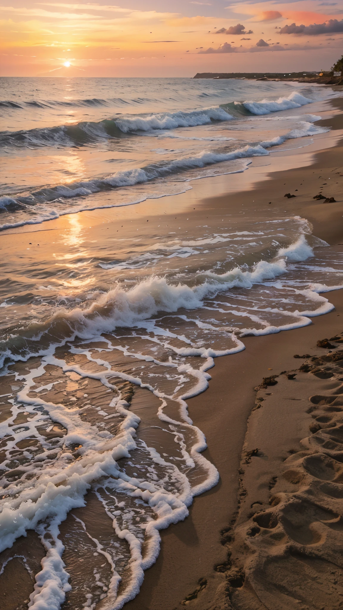 A serene beach at sunset, where gentle ocean waves caress the sandy shore beneath a colorful sky.