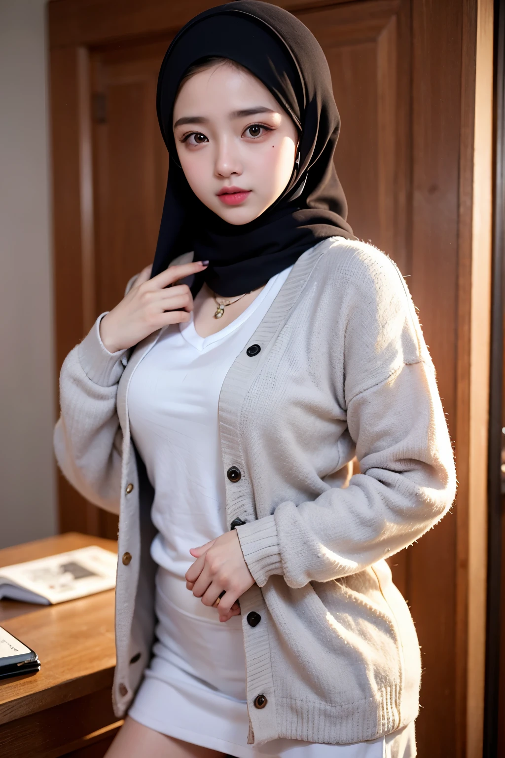 Gadis berhijab, chubby, cardigan, rok