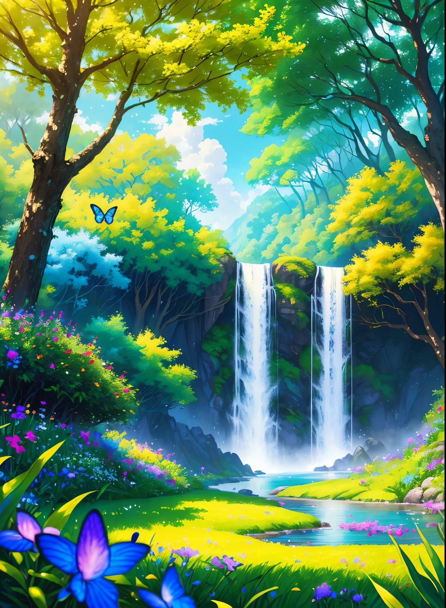 masterpiece, best quality, high quality, extremely detailed cg unity 8k wallpaper, an extremely colorful and purely fantasy environment with vibrant hues and a bright sky, landscape of bright green grass, colorful trees, glittering fruits, and bright blue flowers. the streams are a deep shade of blue, and the air is filled with sweet exotic scents. the environment appears to be taken out of a dream, with luminescent butterflies and giant colorful birds flying around, award winning photography, bokeh, depth of field, hdr, bloom, chromatic aberration ,photorealistic,extremely detailed, trending on artstation, trending on cgsociety, intricate, high detail, dramatic, art by midjourney