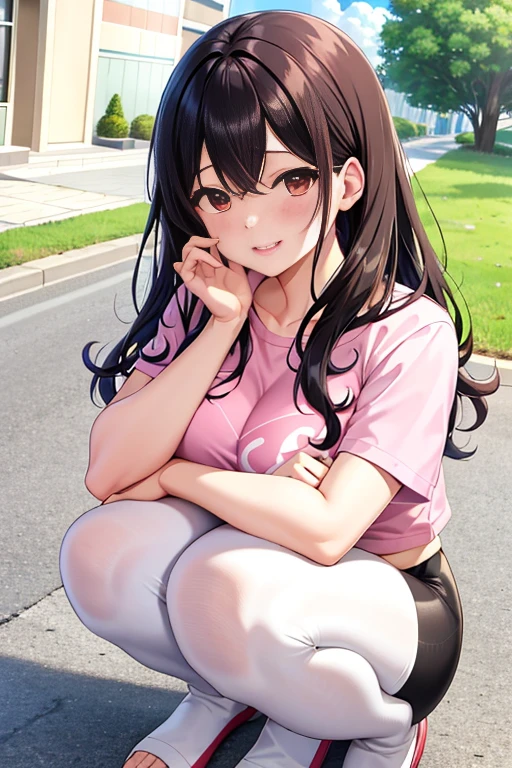 Super detailed，masterpiece，best quality，harf，View，blush blush，Yazawa Nico,red eyes, Blunt hair, 1 female、White clothes、The belly is visible，White bun hairstyle， black hair color hair、chubby、Smile、pale pink lips、Soaked all over，oestrus，Blushed，visible、Red yoga pants，wet hair，messy hair，on the ground，Squat on your knees，sit down with your knees bent，front view，Place your fingers on your lips，legs spread，Sit with your knees folded