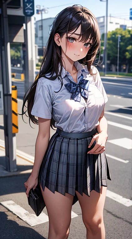 (masterpiece:1.2, top-quality), (realistic, photorealistic:1.4), beautiful illustration, 
looking at viewer, full body, front view:0.6, 
1 girl, japanese, high school girl, (long hair:1.5), blown hair, (half up, half updo), bangs, hair between eye, large breasts:0.8, 
beautiful hair, beautiful face, beautiful detailed eyes, beautiful clavicle, beautiful body, beautiful chest, beautiful thigh, beautiful legs, beautiful fingers, 
(beautiful scenery), , school,
((collared short sleeve shirt, white shirt, school uniform, grey plaid pleated skirt, blue plaid bow tie)), white panties, 
(standing, , lift up skirt, grab the hem of the skirt, hands on chest, hand between legs), 
blush, ,