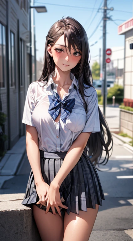 (masterpiece:1.2, top-quality), (realistic, photorealistic:1.4), beautiful illustration,
looking at viewer, full body, front view:0.6,
1 girl, japanese, high school girl, (long hair:1.5), blown hair, (half up, half updo), bangs, hair between eye, large breasts:0.8,
beautiful hair, beautiful face, beautiful detailed eyes, beautiful clavicle, beautiful body, beautiful chest, beautiful thigh, beautiful legs, beautiful fingers,
(beautiful scenery), , school,
((collared short sleeve shirt, white shirt, school uniform, grey plaid pleated skirt, blue plaid bow tie)), white panties,
(standing, , lift up skirt, grab the hem of the skirt, hands on chest, hand between legs),
blush, ,
