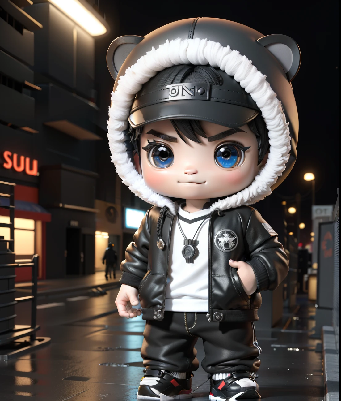 ((Masterpiece, Best quality)),(Complex lighting),,Solo, Smile, Black eyes, Black hair, 3D toy, 3D rendering of, ip, Cyberpunk Style, tchibi, Cute  boy, chibiStyle, 4 year o White background, full bodyesbian, Male focus, shoes, Pants, polo, baseball cap, wearing lion hood 