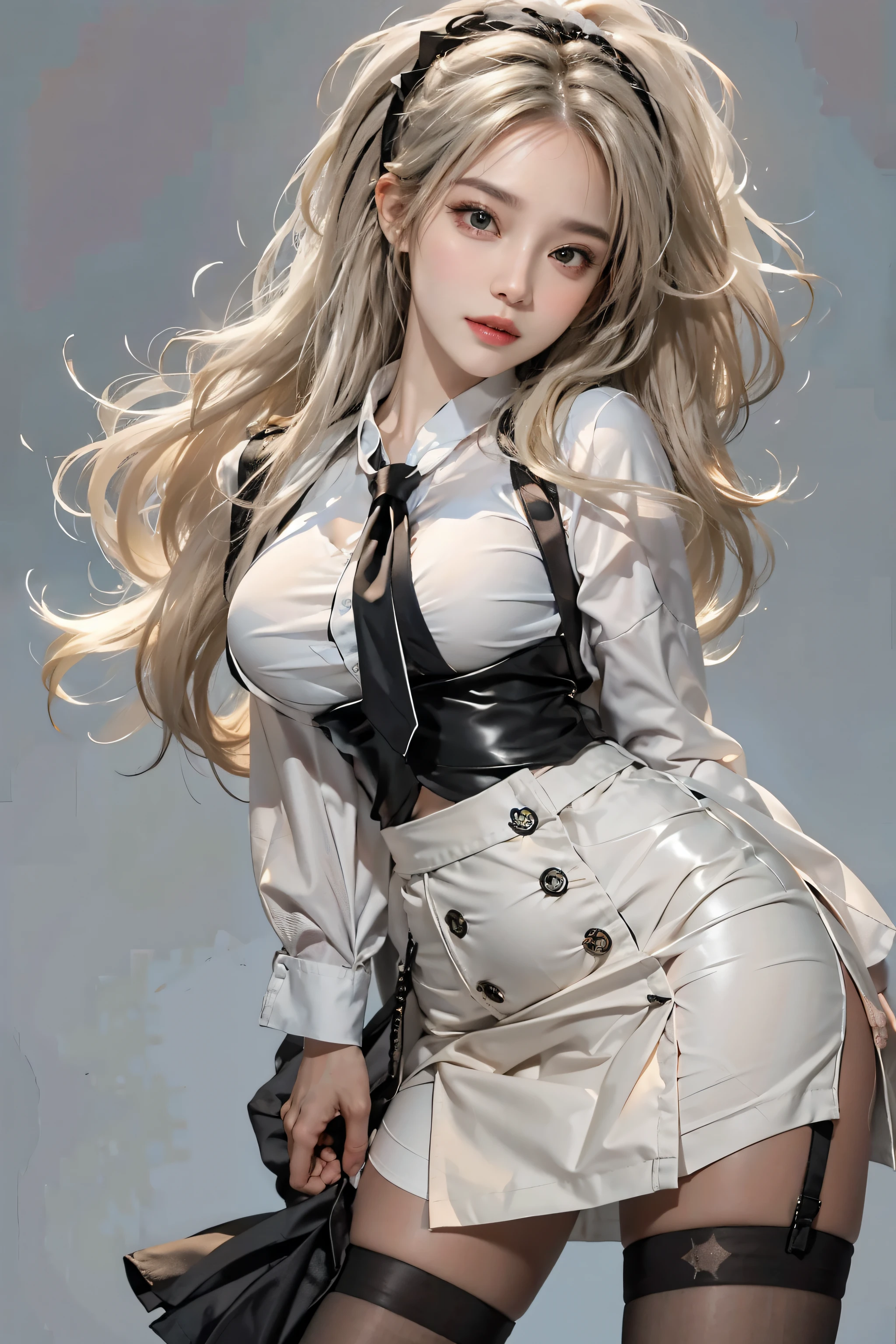 realistic, High resolution, soft light,1 female, alone, hip up, glowing skin, (detailed face),tattoo, jewelry, secretary clothes, white shirt, black skirt, black stockings, garter belt, night, blonde hair, wavy hair, Beautiful Soldier, Eyes that invite the viewer, spouse'point of view, attractive appearance, sexy smile, perfect style, perfect balance, fine skin, naughty look, I can see your breasts