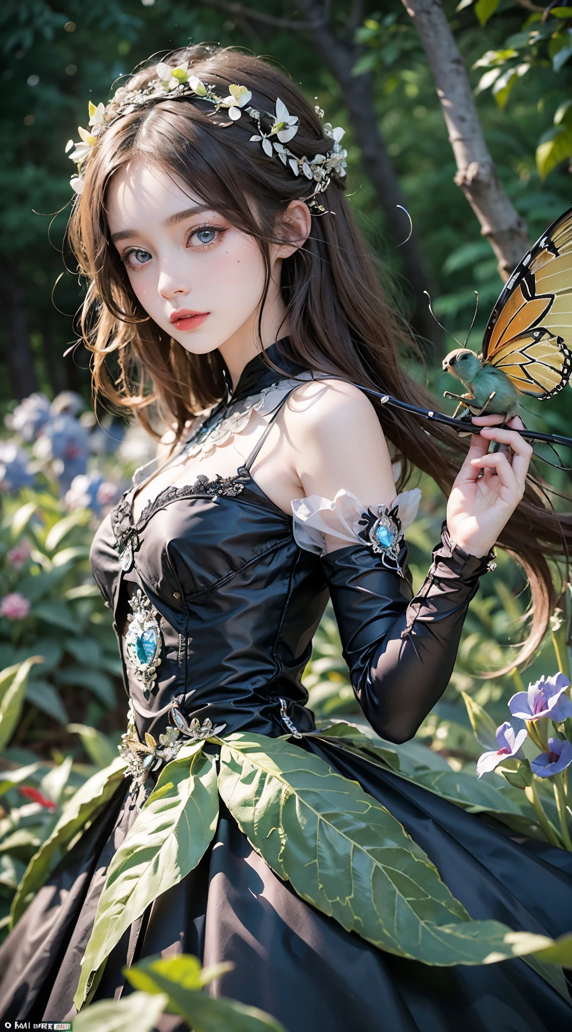(Meistergemälde:1.1),(highest quality:1.1),(HDR:1.0),Helle Umgebung,Ultra High Quality,(Ultra-detaillierte Originalillustration),(1Girl huge big,Upper body body),((Menschlicher Glanz,Blumenaugen)),Doppelbelichtung,A fusion of flowing abstract art,Film-Lampe, detailliertes Gesicht, (Detaillierte Augen), Sauberes Gesicht,Blaue Augen,Neonfarbene winzige leuchtende Enden,Leuchtende Pflanze mit Neon-Details,Lichtreflexionen,Heart-shaped iris、Verspielte Augen、winzige leuchtende Schmetterlinge、Haarschmuck,(Komposition der Originalillustration),(Begrenzte Farbmischung,Maximalismus Kunststil,Geometrischer Kunststil,Schmetterlinge