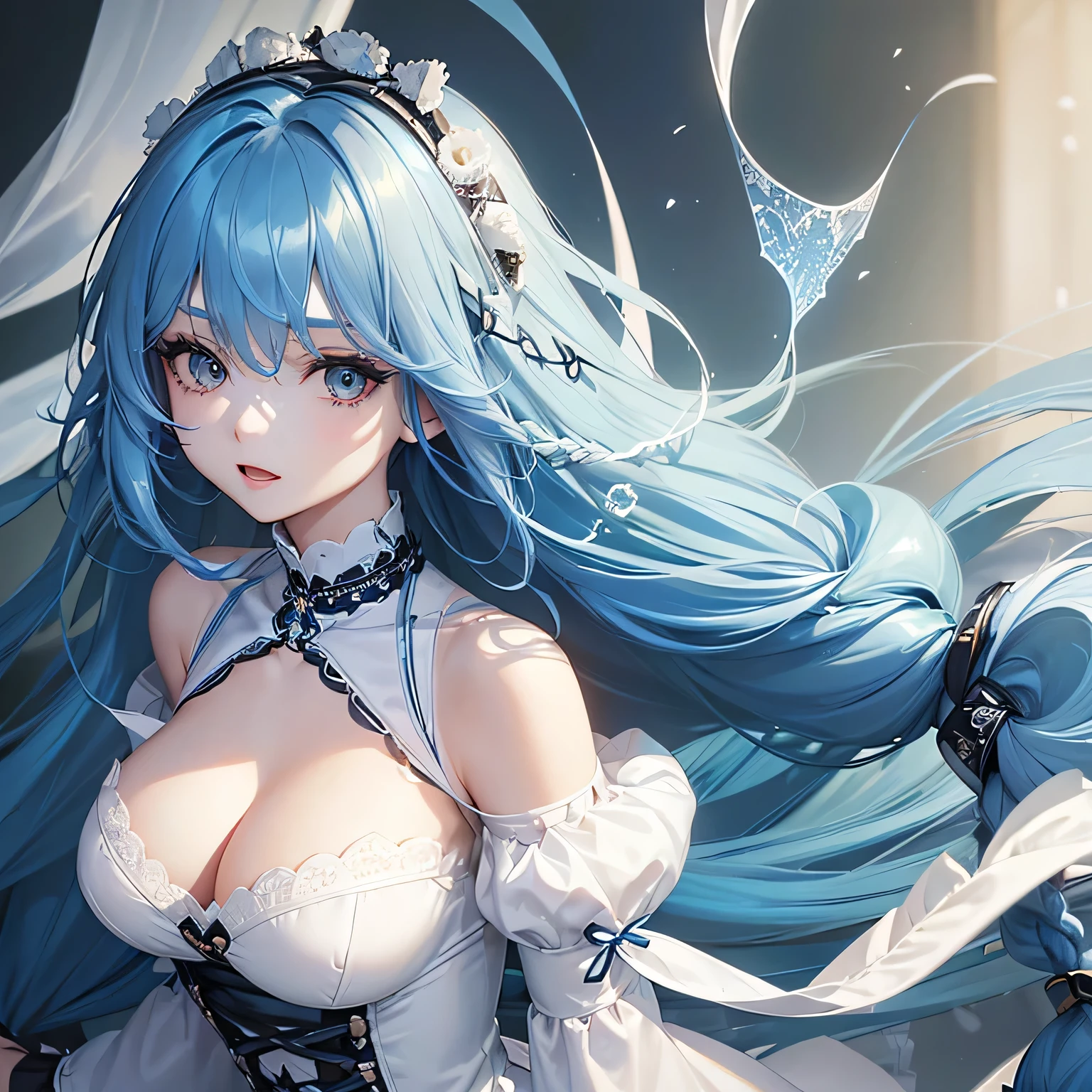 1 girl,Depp's Sense,confused,catch light,Super beautiful illustration,(blue hair,long hairstyles:1.6),turn around,eye shadow,(white clothes,Gothic Lolita),Upper body,;d,beautiful and delicate flowing hair,delicate and detailed green eyes,emphasized chest,big breasts