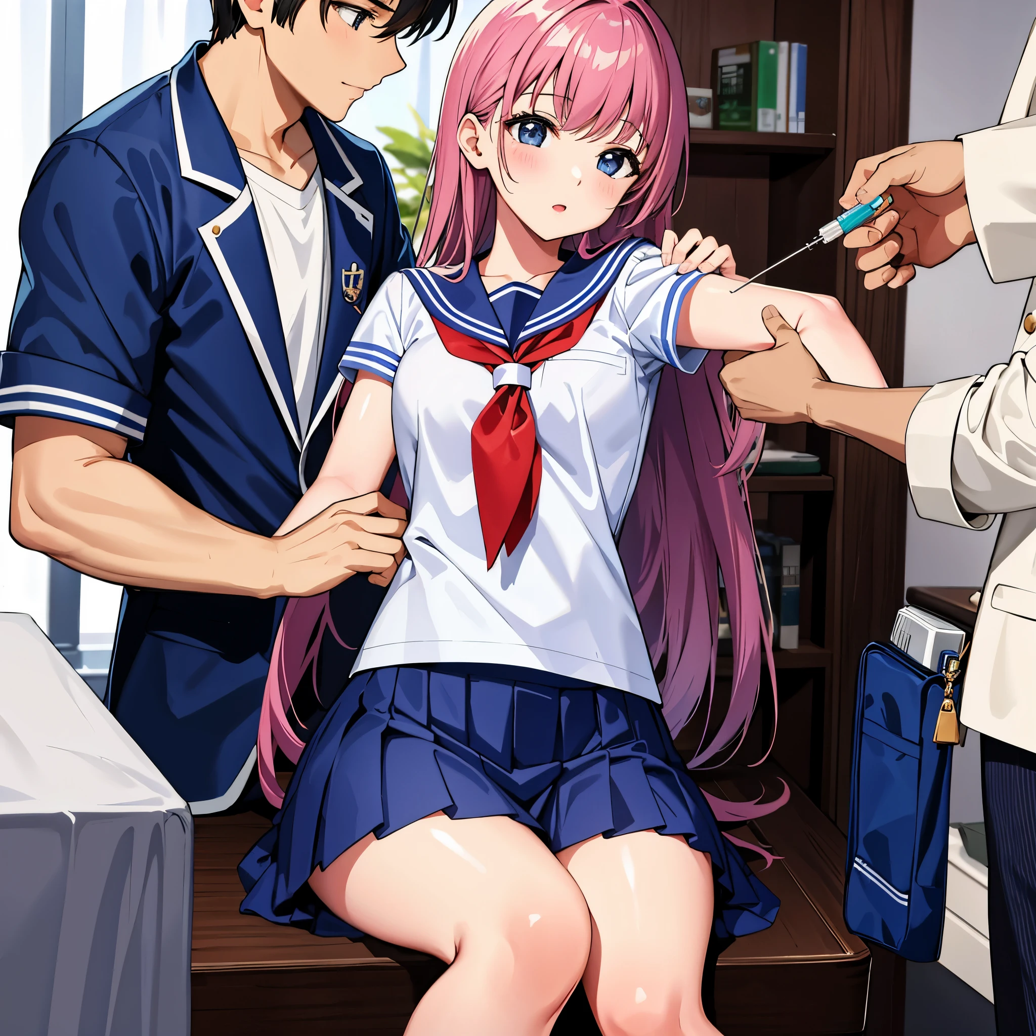 High school girl in a sailor suit receiving vaccination、a man holds a syringe
