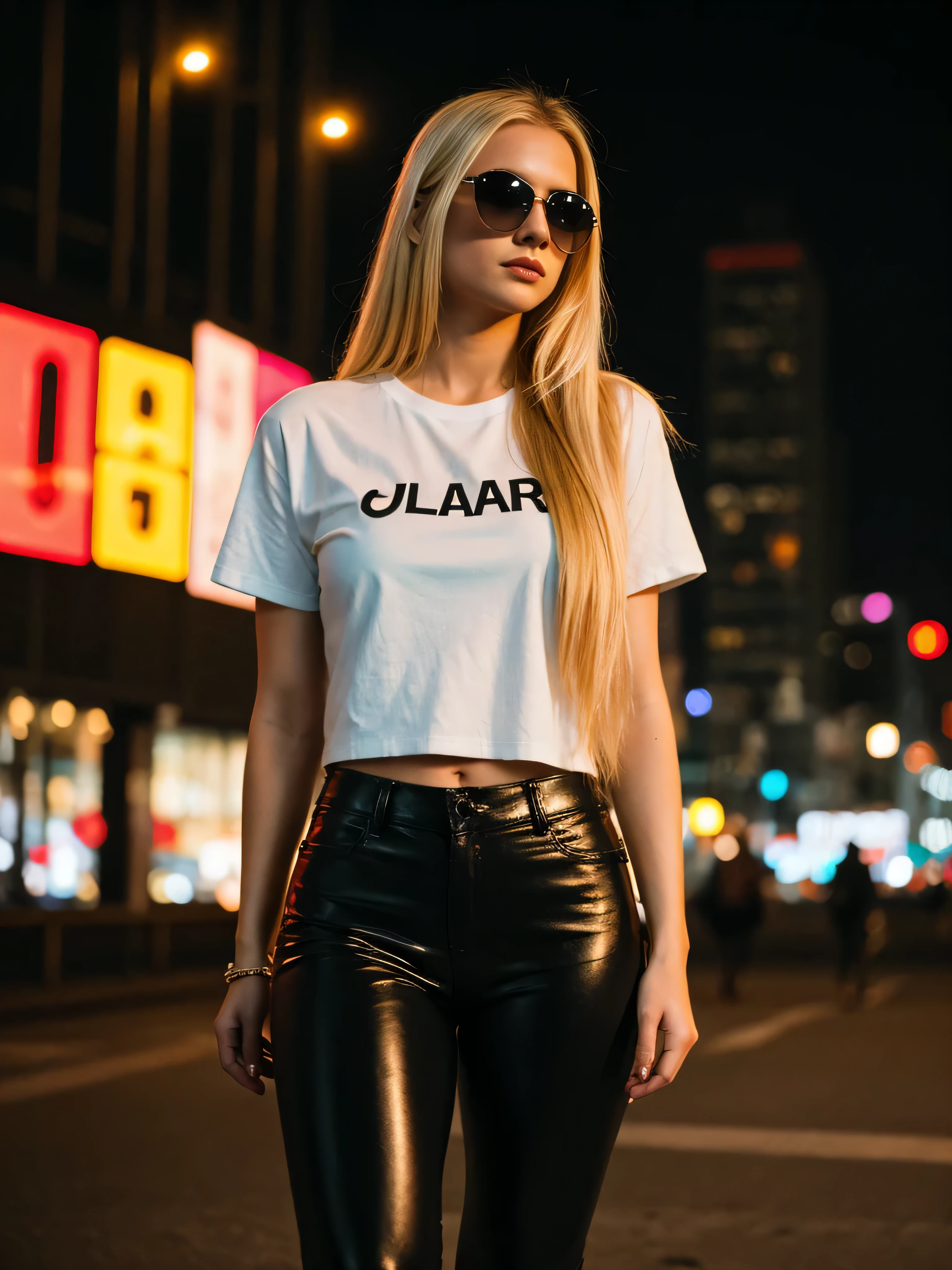 in photorealistic style, a blonde woman with long hair in black leather pants and a white short t- shirt, sunglasses stands on a big city avenue at night in neon light, blurred background, bokeh