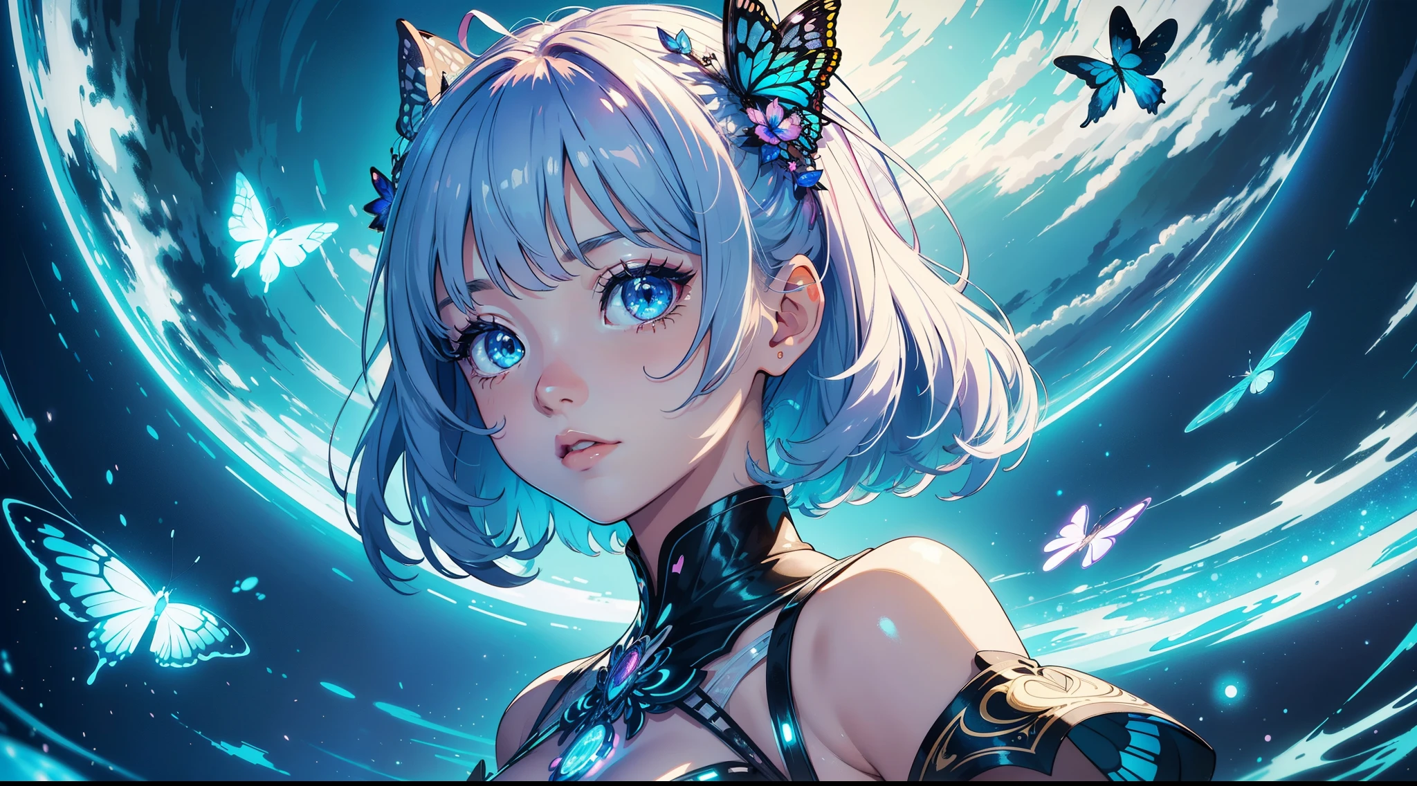 (Masterpiece: 1.1), (highest quality: 1.1), (HDR: 1.0), Bright Environment, Ultra High Quality, (Ultra-detailed original illustration), (1 Girl, huge big, Upper body), (Harajuku Mode), (Human glow, Blue eyes), Double exposure, A fusion of flowing abstract art, Film lamp, Detailed face, (Detailed eyes), Clean face, neon-colored tiny glowing ends, Shining plant with neon details, Light reflections, Heart-shaped iris, Playful eyes, tiny glowing butterflies, Hair accessories, (Composition of the original illustration), (Lim