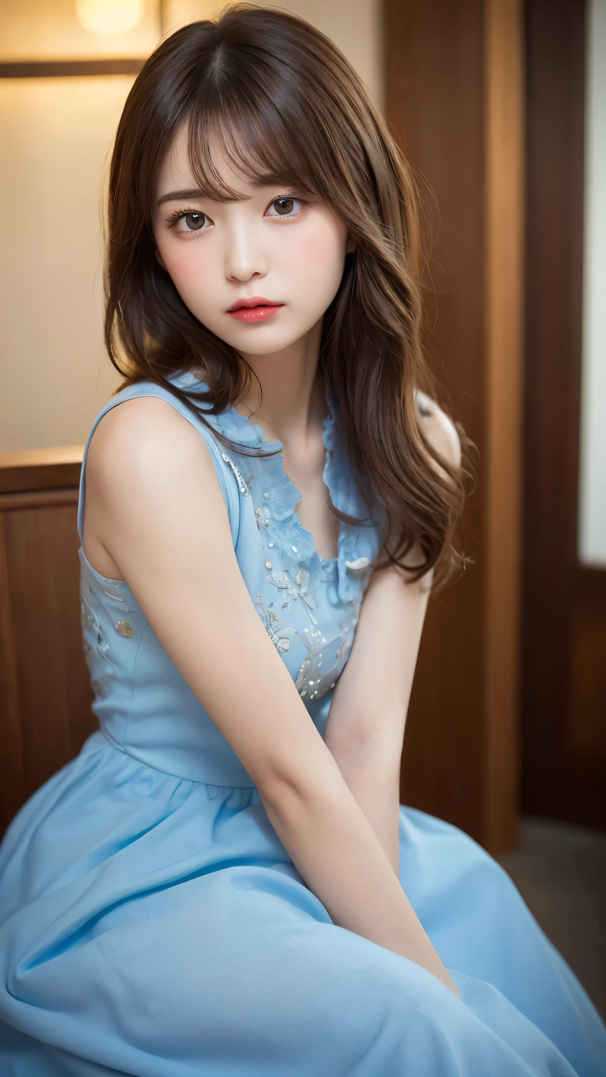 (masterpiece:1.5)、(realistic:1.5)、(highest quality:1.4、8K、RAW photo）、
ultra high resolution、professional lighting、perfect dynamic composition、indoors、
film grain、chromatic aberration、(Bokeh:1.1)、
Frank、Sophisticated、Charm、surreal、high detail、golden ratio、
(1 girl)、slender girl、繊細でCharm女の子、cute woman:1.4、
serious expression、looking at the viewer、
light brown hair、shining hair、Random cute hairstyles、
skin that looks real、
close your mouth、fine eyes、double eyelid、thin arms、
(wearing a blue party dress)