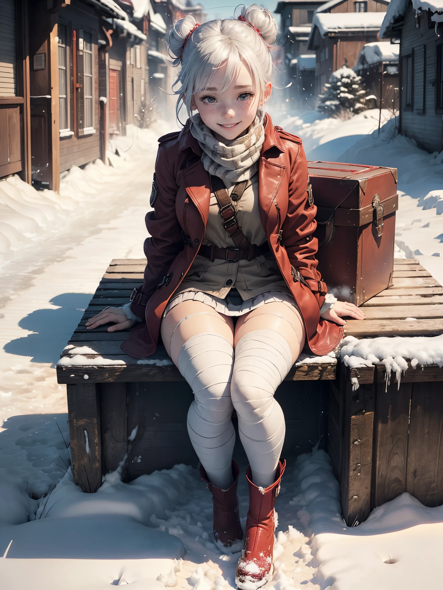 1 girl, young girl, short girl, very young, Red boots, ((trenchcoat, underwear ,panties))scarf, dirty, ((bandages)), ((white hairs)), realistic anime girl, double hair buns, smiling, snow covered streets, snow fall,sitting, boxes,freckles