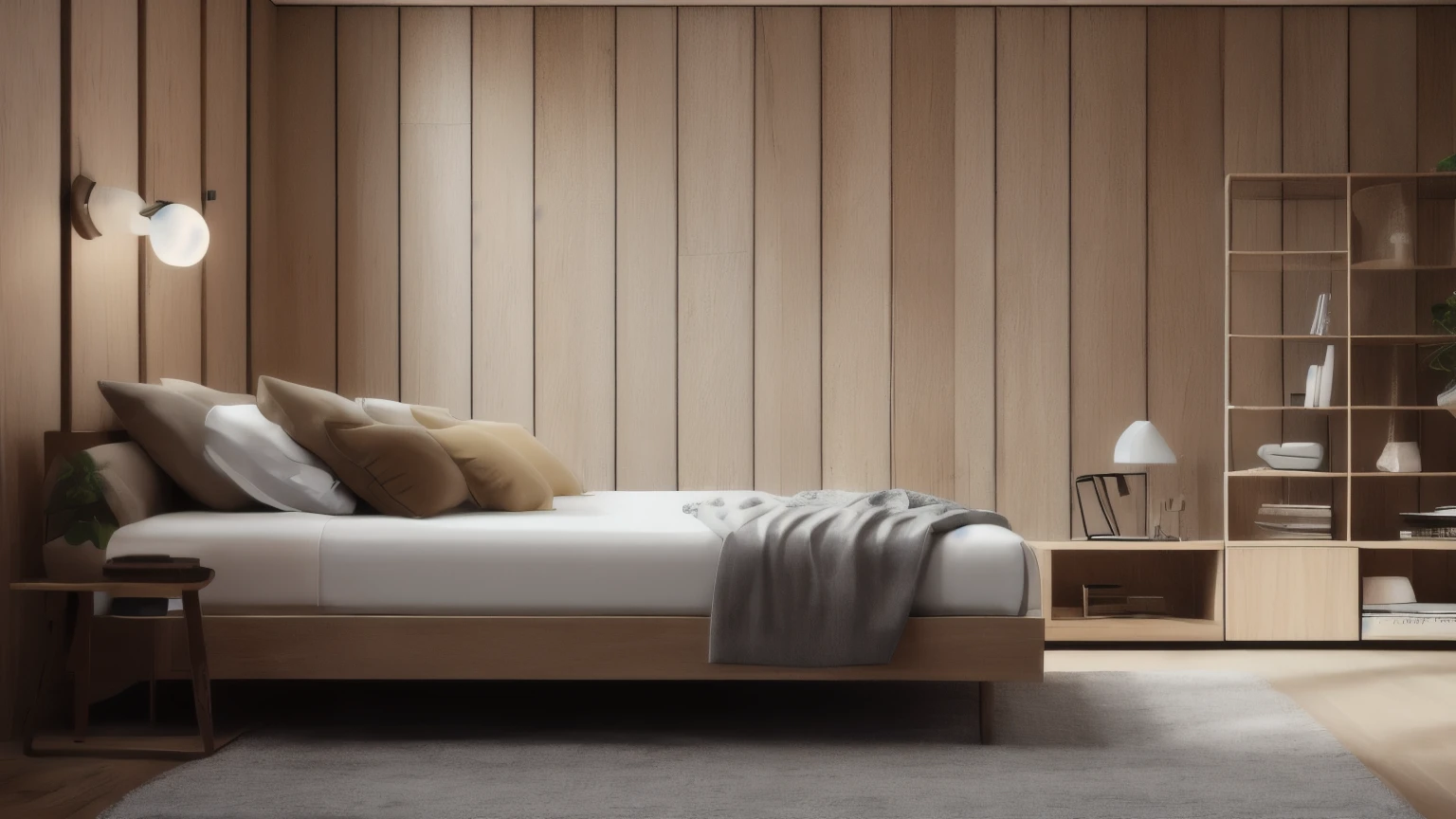 hyper ultra realistic photographs full body of Wood bedside cabinet near bed with beige blanket. Farmhouse interior design of modern bedroom with lining wall and beam ceiling. ratio 16:9, 4k, 8k resolution, High quality photo, high detailed, imagesharp focus, Cinematic lighting,hyperdetailed & Unreal engine, detail, realism, photography,cinematography, camera NIKON, lens NIKKOR flagship, masterpiece. hyper-maximalism, ultradetailed photorealistic, light skin imperfections, final render, vray
