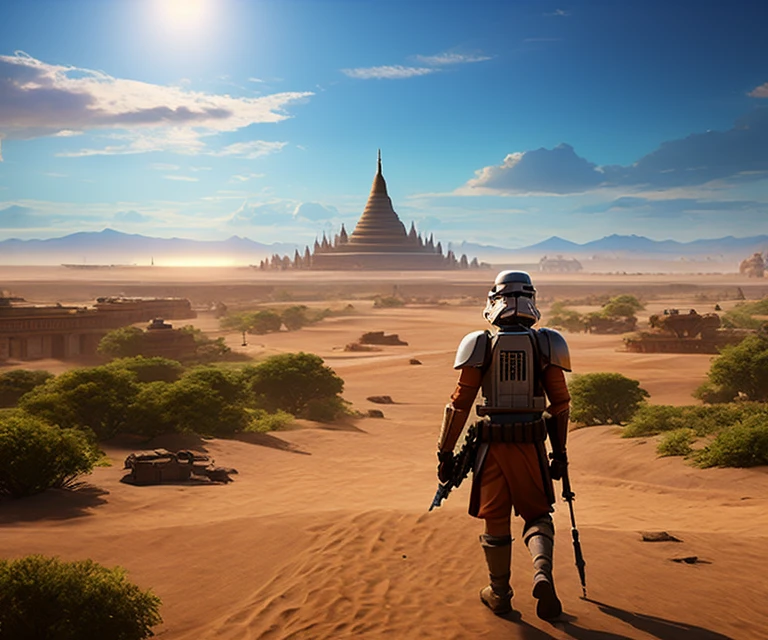Stormtrooper, agonizante , Armadura sangrienta, en el campo de batalla, de rodillas, epopeya, 8k, robot bettween bagan pagoda in the background