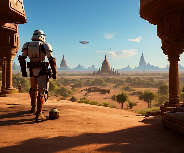 Stormtrooper, agonizante , Armadura sangrienta, en el campo de batalla, de rodillas, epopeya, 8k, robot bettween bagan pagoda in the background