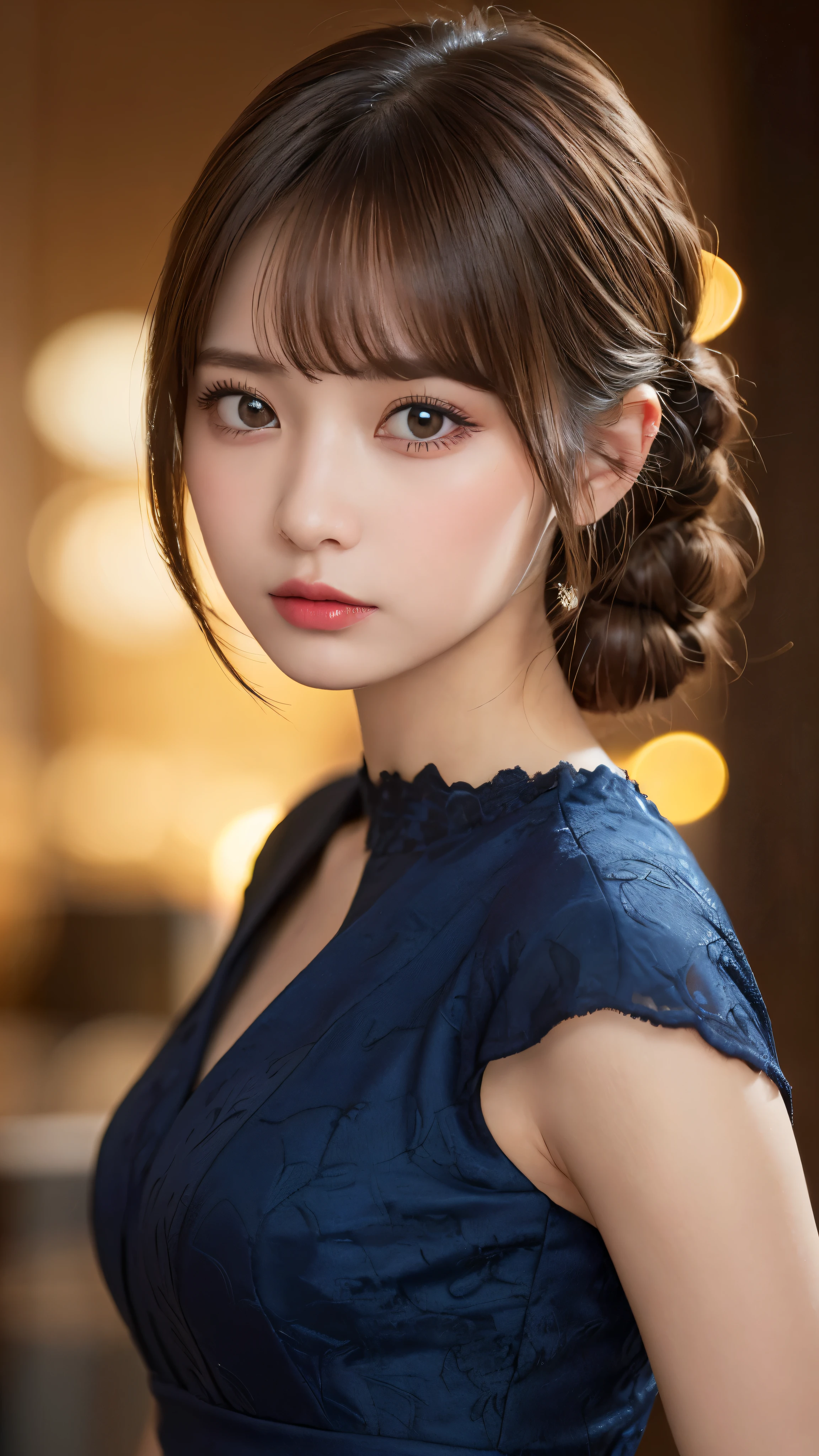(masterpiece:1.5)、(realistic:1.5)、(highest quality:1.4、8K、RAW photo)、
ultra high resolution、professional lighting、perfect dynamic composition、indoors、
film grain、chromatic aberration、(Bokeh:1.1)、
Frank、Sophisticated、Charm、surreal、high detail、golden ratio、
(1 girl)、slender girl、繊細でCharm女の子、cute woman:1.4、
serious expression、looking at the viewer、
light brown hair、shining hair、Random cute hairstyles、
skin that looks real、
close your mouth、fine eyes、double eyelid、thin arms、
(wearing a dark blue party dress)